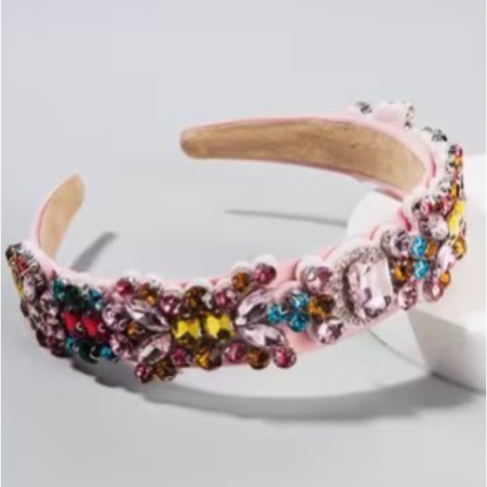 BOUTIQUE, HEAVY, JEWELED, PINK SATIN HEADBAND